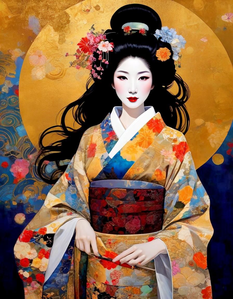 Smiling Geisha Portrait in Klimt Art Nouveau Style