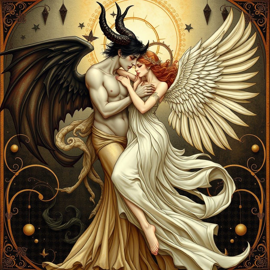 Angel and Demon in Elegant Art Nouveau Harmony