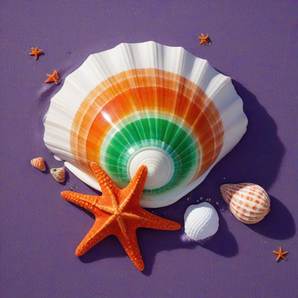 Giant Shell on Purple Beach with Green Sand