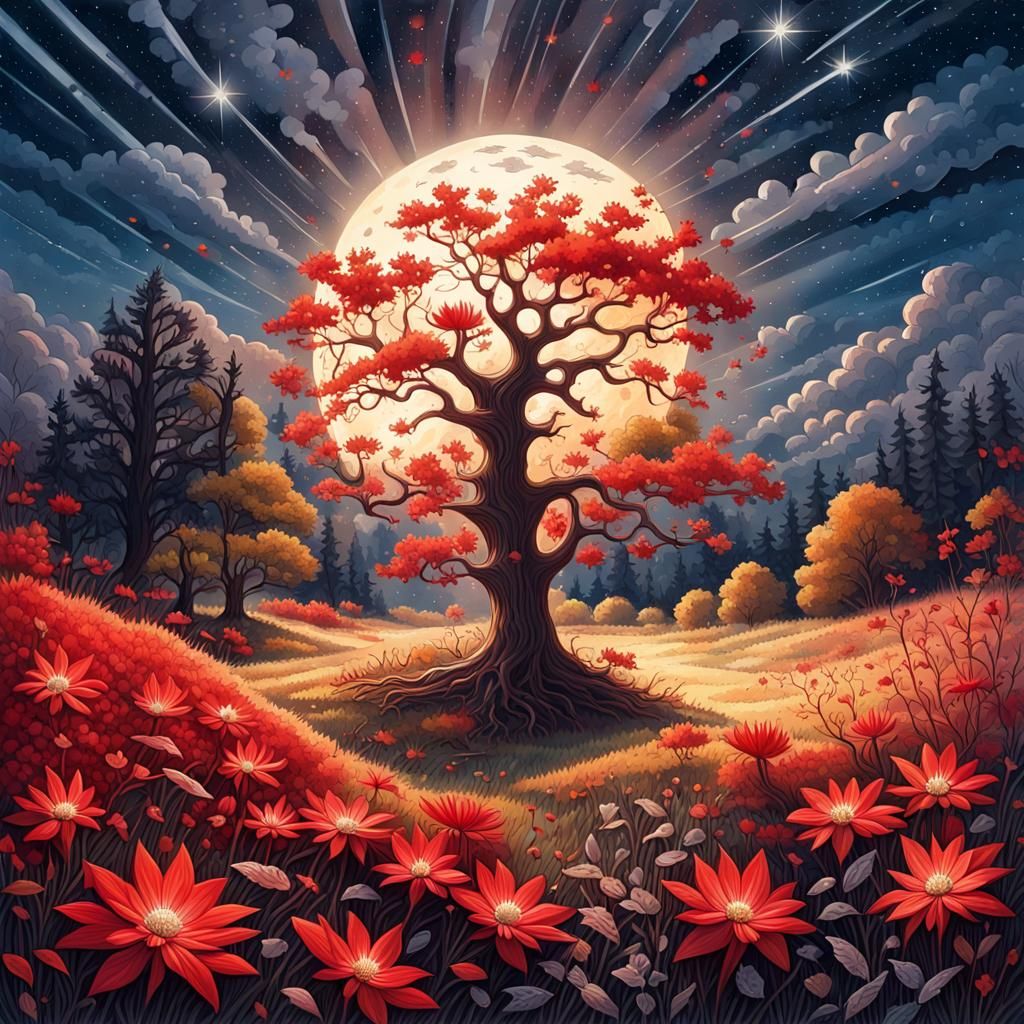 Gothic Autumn Meadow with Red Flowers Watercolor