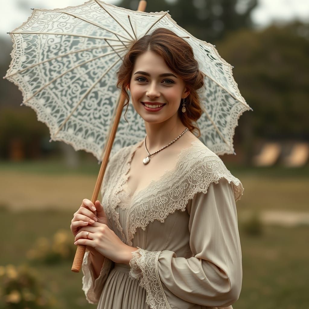 Smiling Edwardian Woman with Parasol in Classical Style