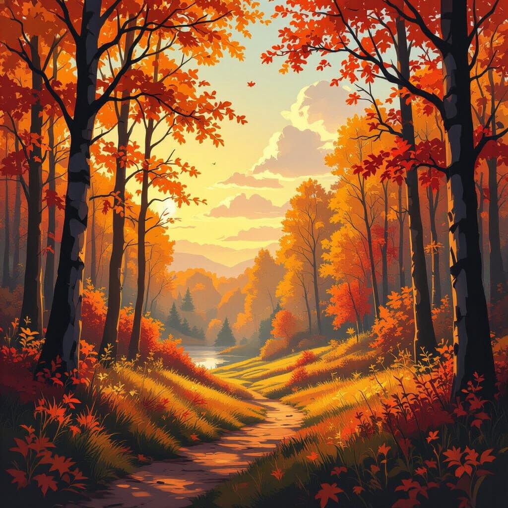 Impressionist Autumn Forest Landscape with Golden Light