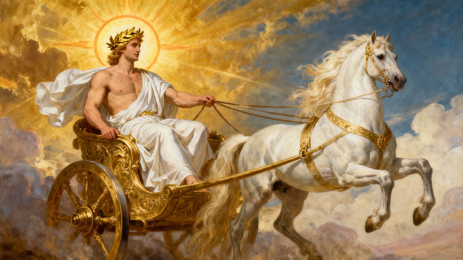Godlike Figure in Golden Chariot at Sunrise