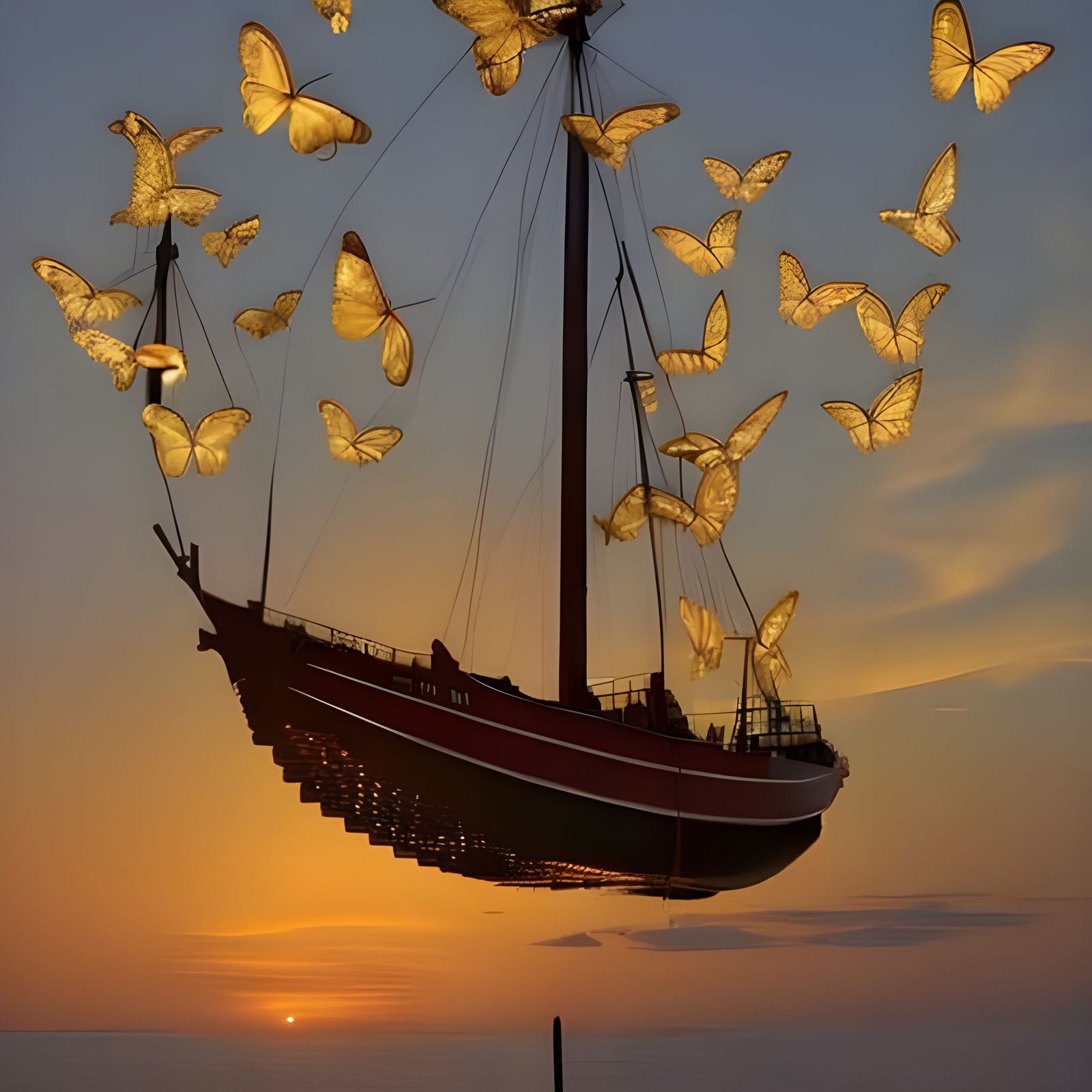 Golden butterflies lifting a ship into the golden sky