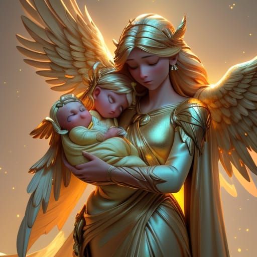 Golden Angel Gently Carries Baby in Ethereal Glow