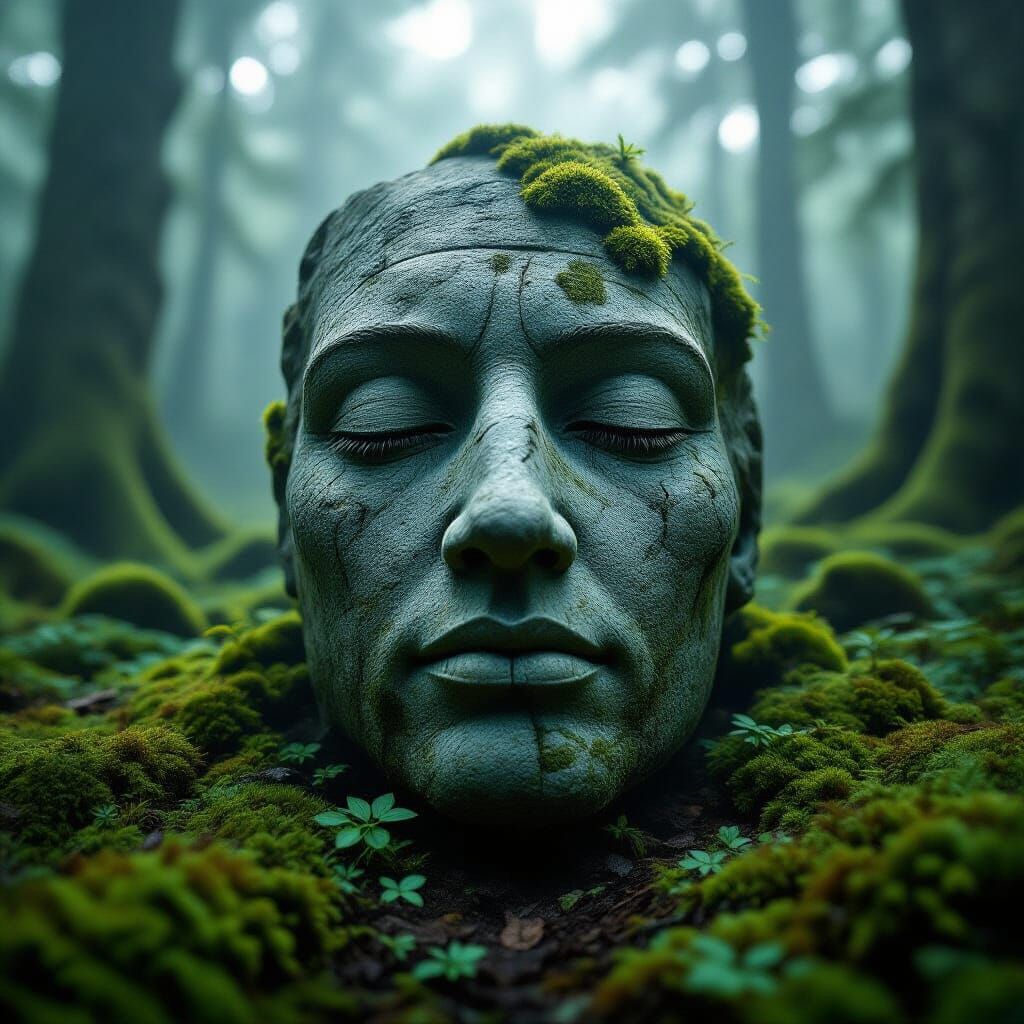 Ancient Stone Face Emerges from Misty Forest Floor