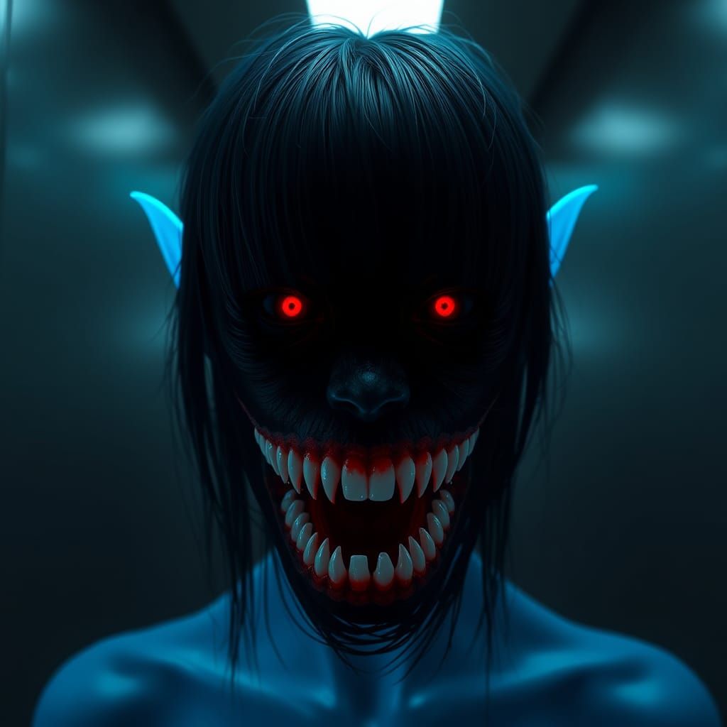 Eerie Blue Girl with Black Hair in 3D Render
