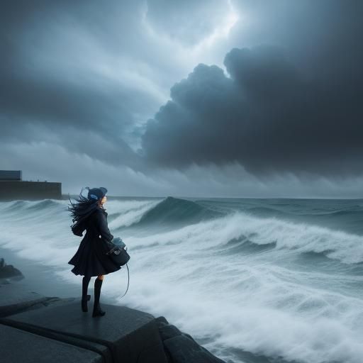 Anime Girl at Stormy Harbor in Pastel Colors