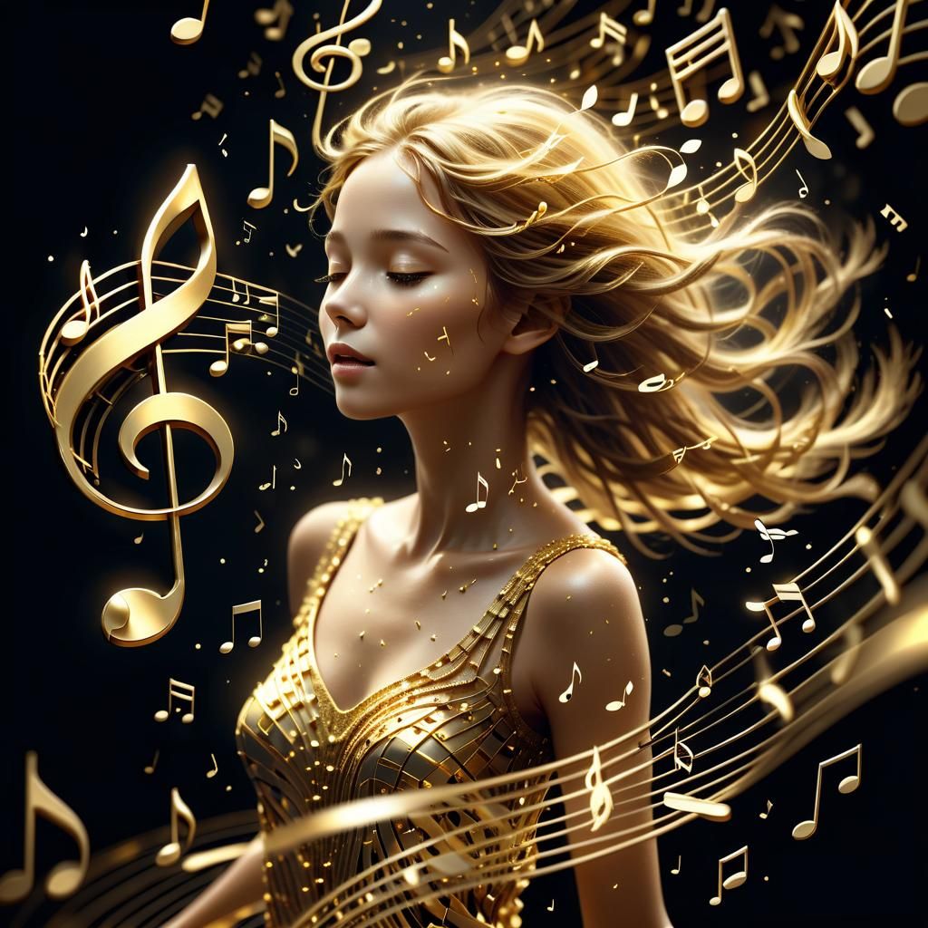 Golden Music Note Woman in Surreal Digital Art