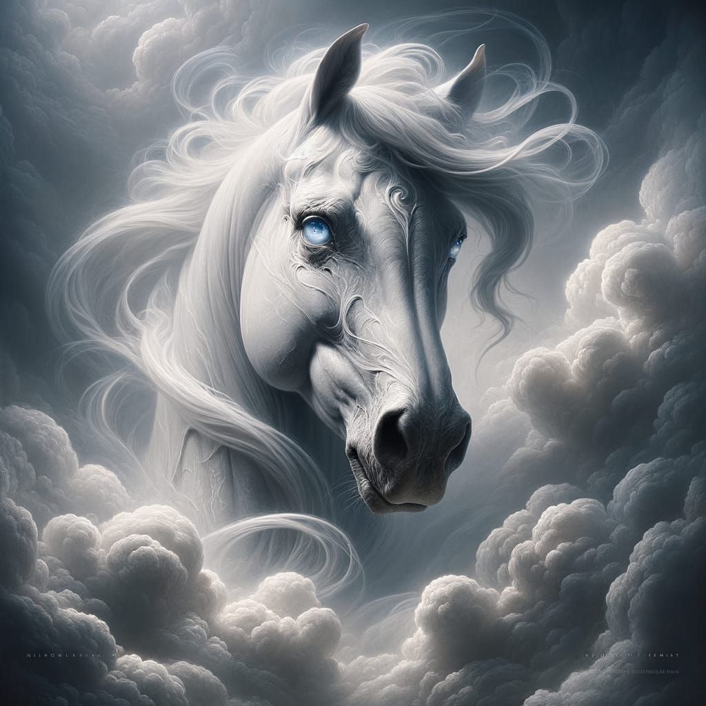Gothic White Horse Materializing from Clouds
