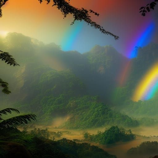 Steampunk Jungle Waterfall Sunset with Rainbow