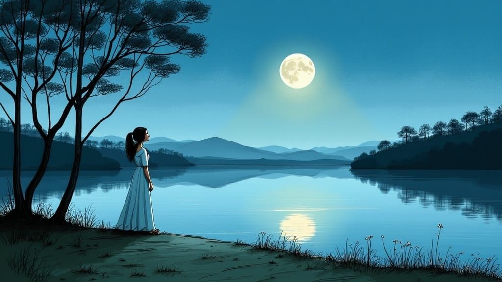 Serene Woman Under Full Moon in Minimalist Landscape