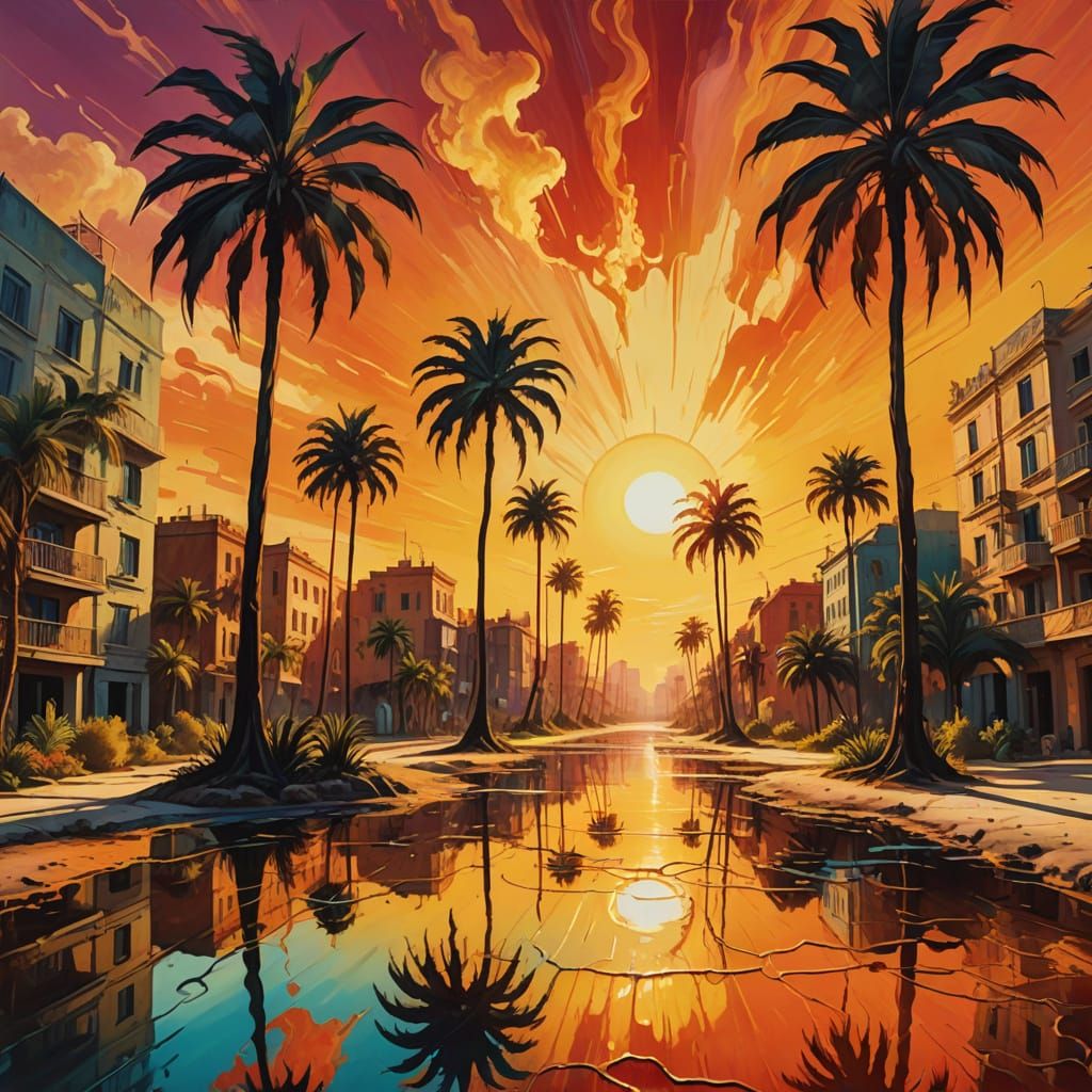 Surreal Heatwave Sweeps Deserted City as Oil Painting