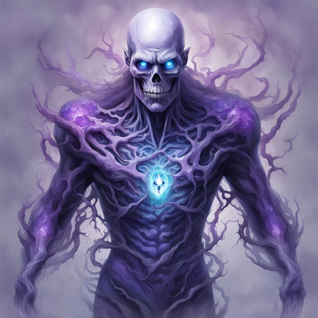 Large Ghostly Creature with Purple Veins and Crystals