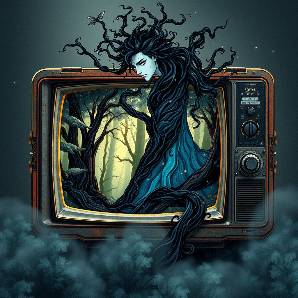 Ink Man Emerges from Forest TV in Anime Style