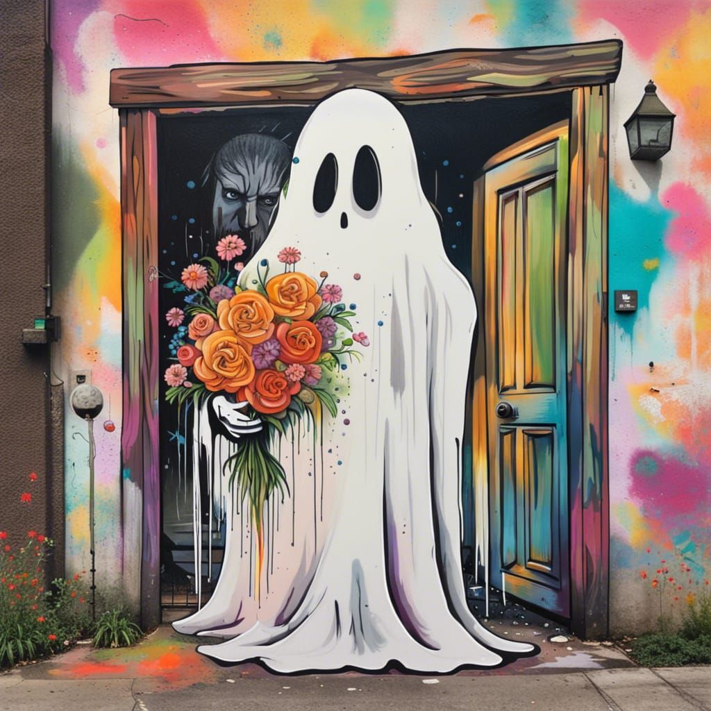 Friendly Ghost Holding Flowers in Graffiti Art Style