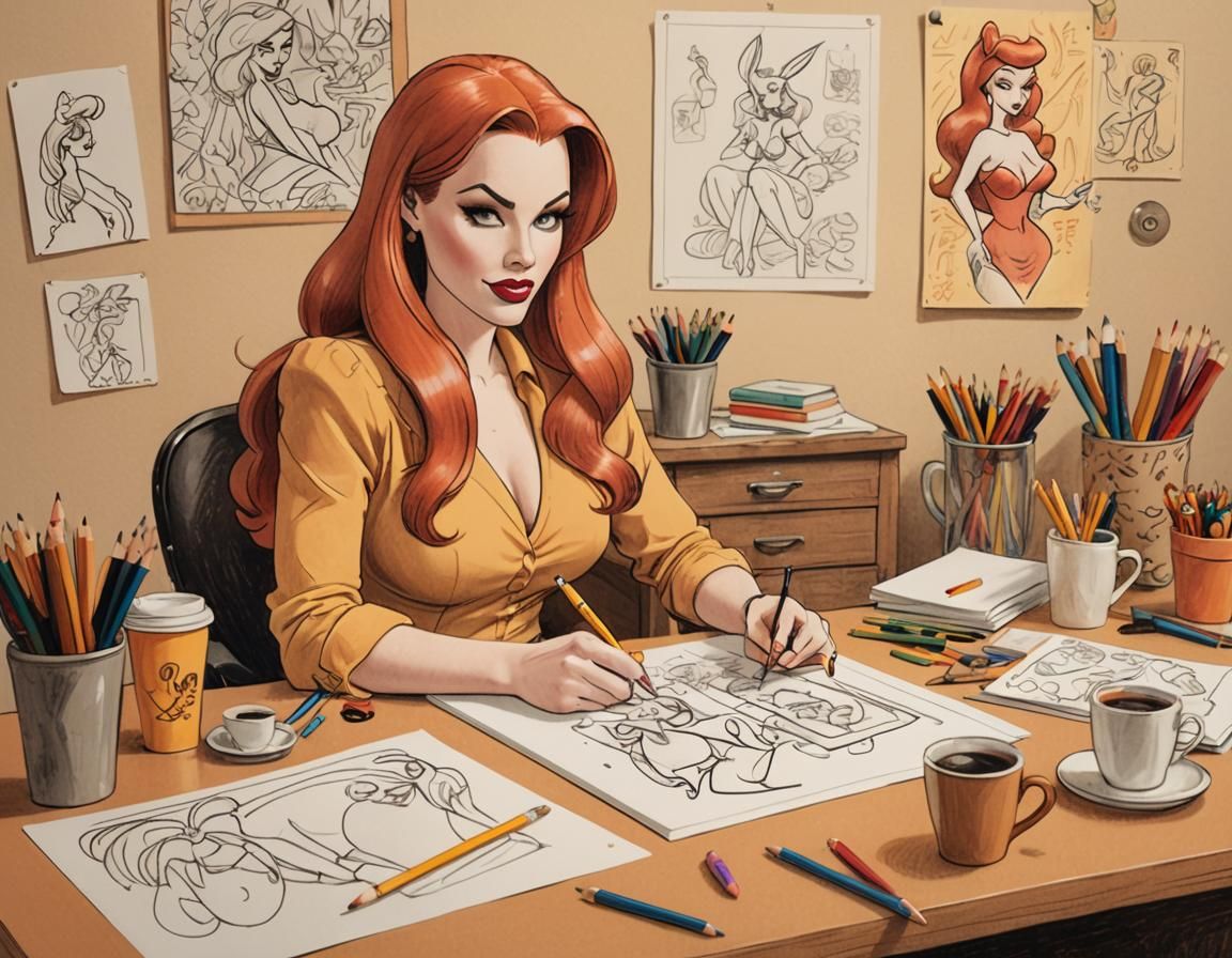 Jessica Rabbit Sketch on Artist's Desk, Illustration