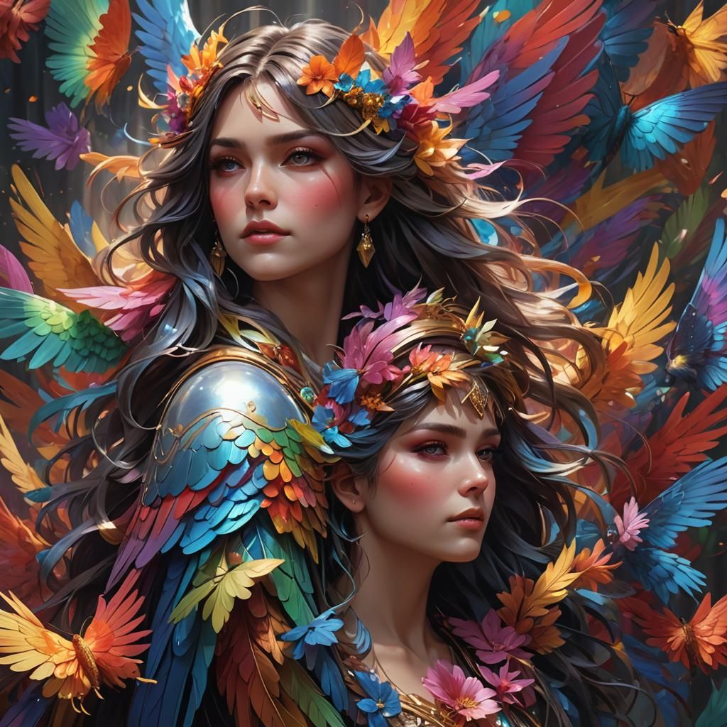 Rainbow Wings Portrait in Art Nouveau Style