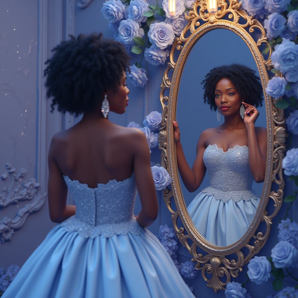 African Queen in Lavish, Fantastical Blue Rose Setting