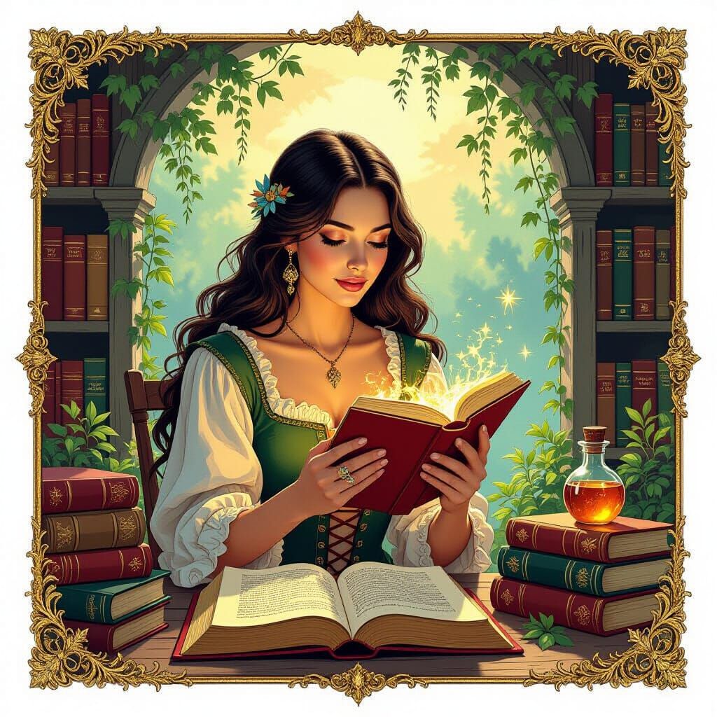 Enchanting Woman Surrounded by Mystical Objects