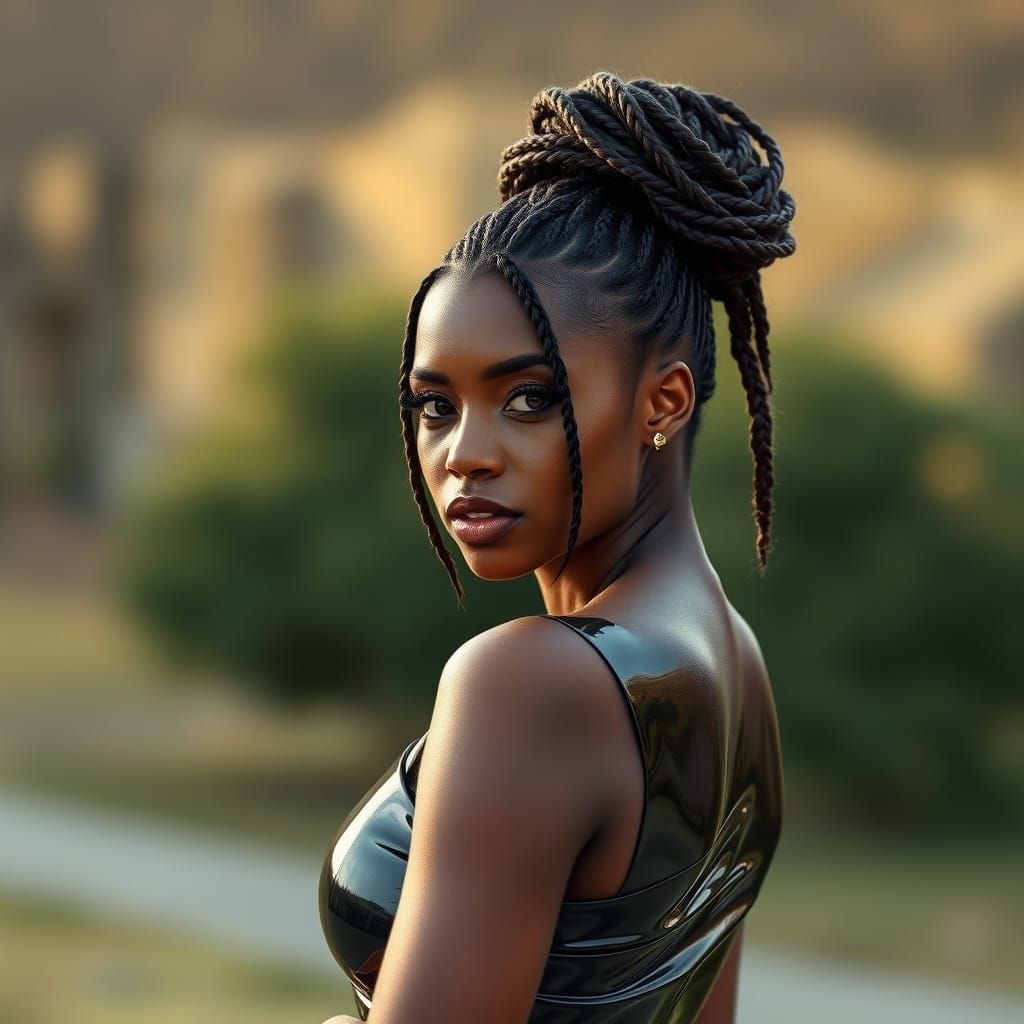 Glamorous Woman in High-Gloss Latex Dress, Braided Hair, and...