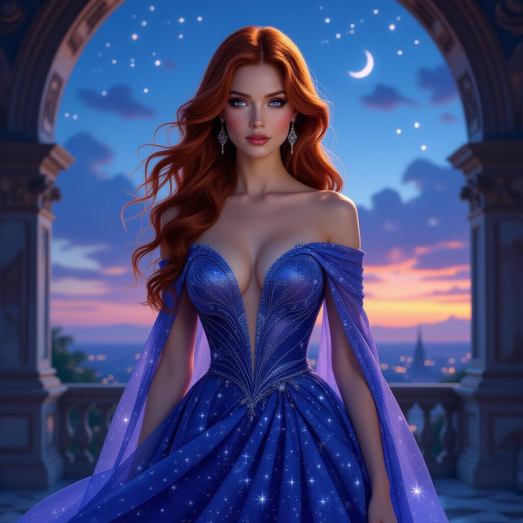 Woman in Starlight Gown Art Nouveau Style