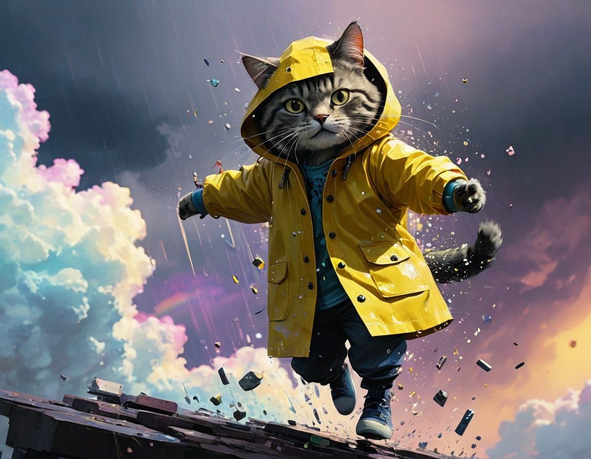 Cheerful Cat Descends into the Rainbow in a Vibrant Yellow R...