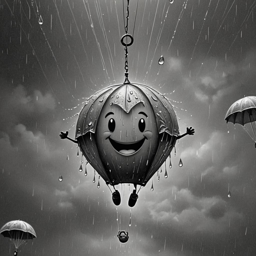 Animated Raindrop with Parachute in Charcoal Style