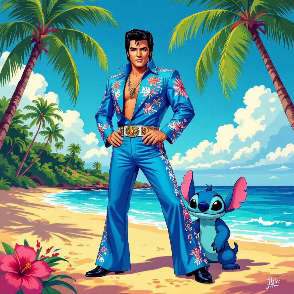 Elvis with Lilo & Stitch on Hawaiian Beach