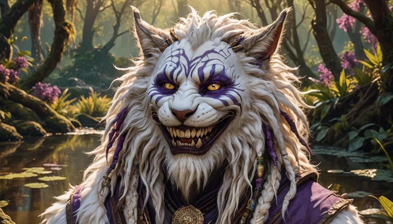 Tabaxi Druid with Joker Smile: Hyperrealistic Fantasy Art