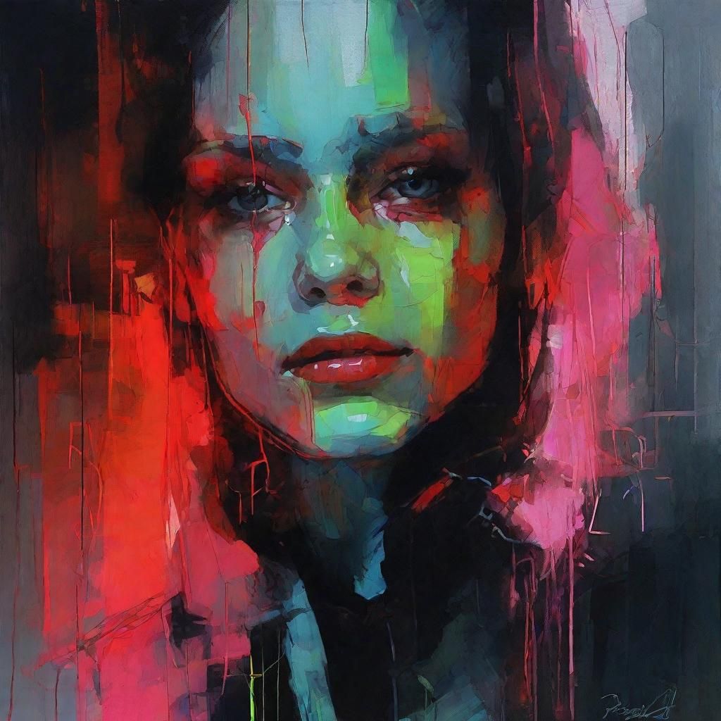 Cute Caricature in Glowing Neon Horror Style