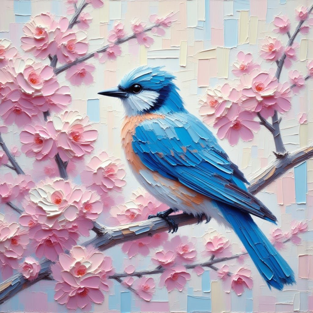 Blue Bird in Cherry Blossoms: Dreamy Impasto Style