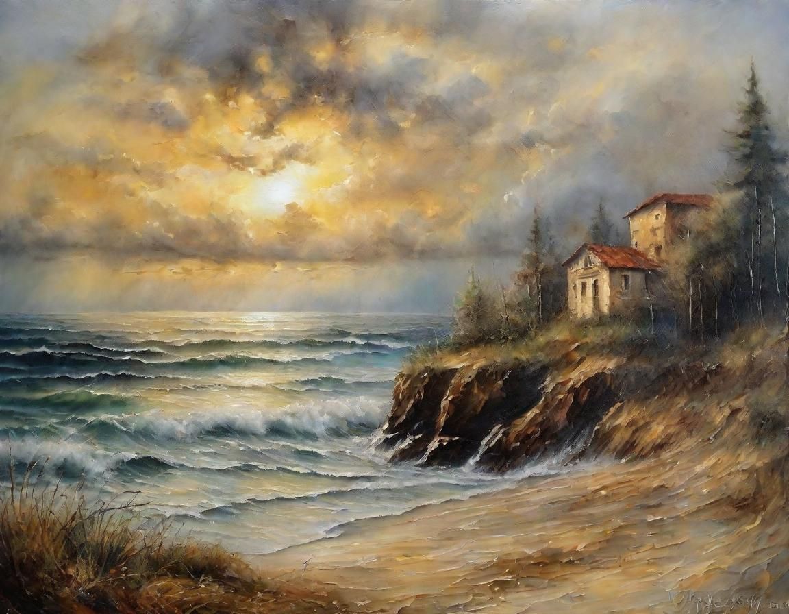 Misty Seashore House in Encaustic Style