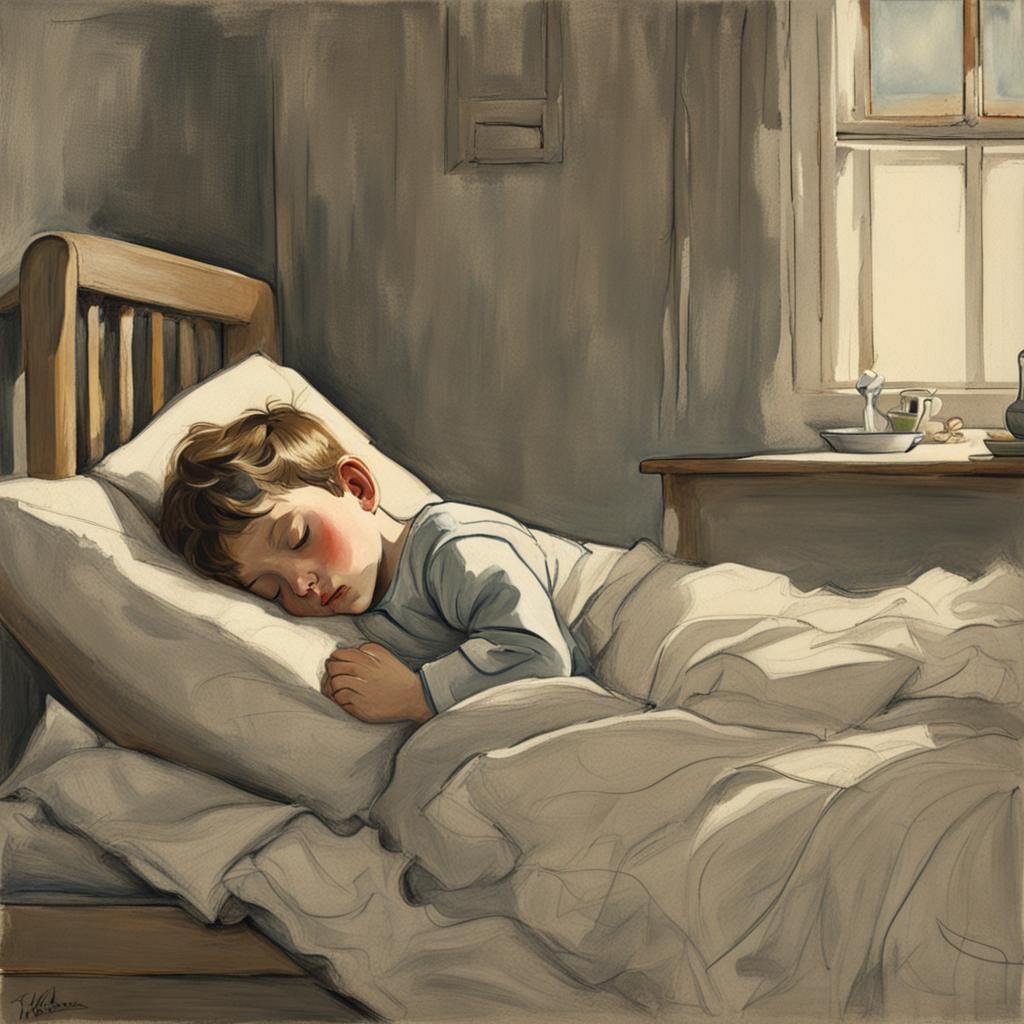 Boy Sleeping in Bed: Pen and Ink Sketch