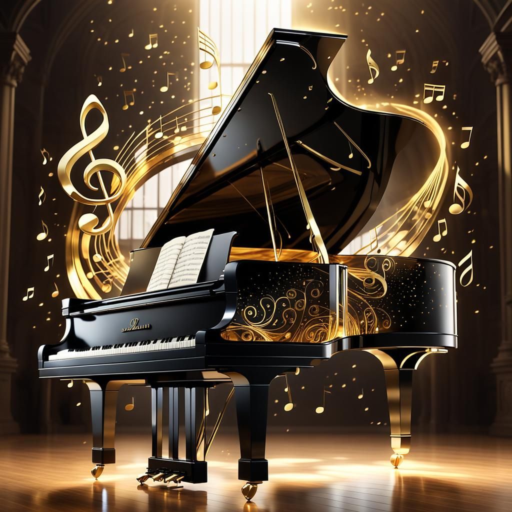 Ethereal Symphony: Grand Piano in Golden Resonance