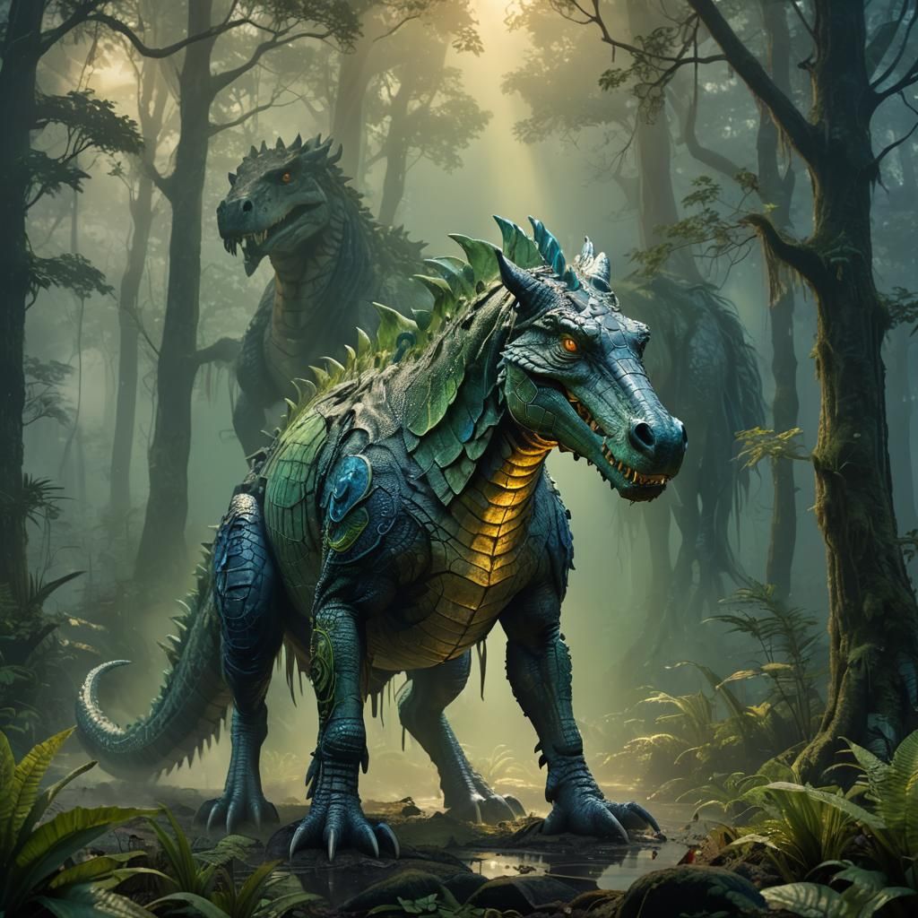 Fusion Horse Crocodile in Fantasy Forest