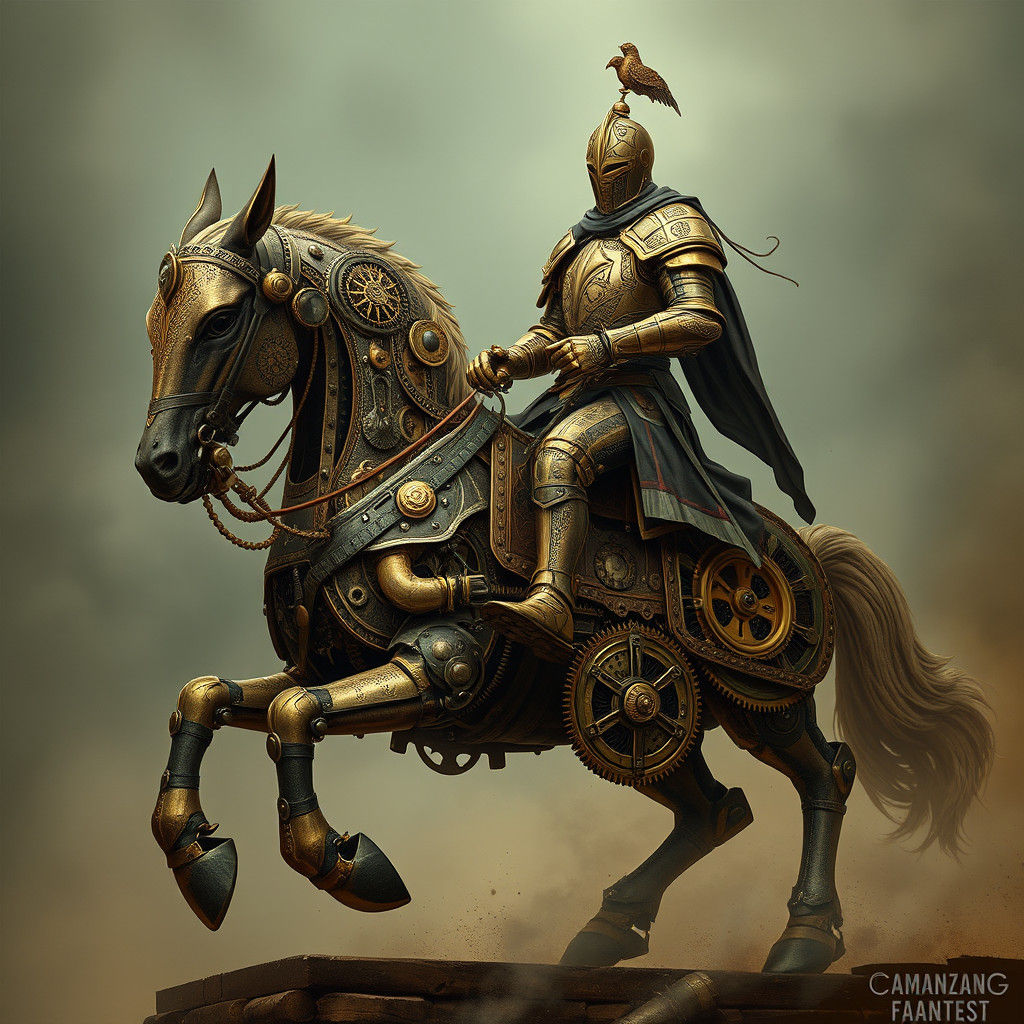 Steampunk Knight on Clockwork Horse in Industrial Setting