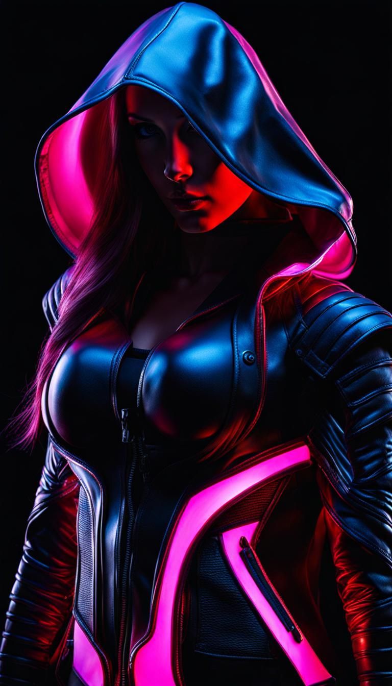 Neon Plasma Hooded Assassin in Chiaroscuro Style