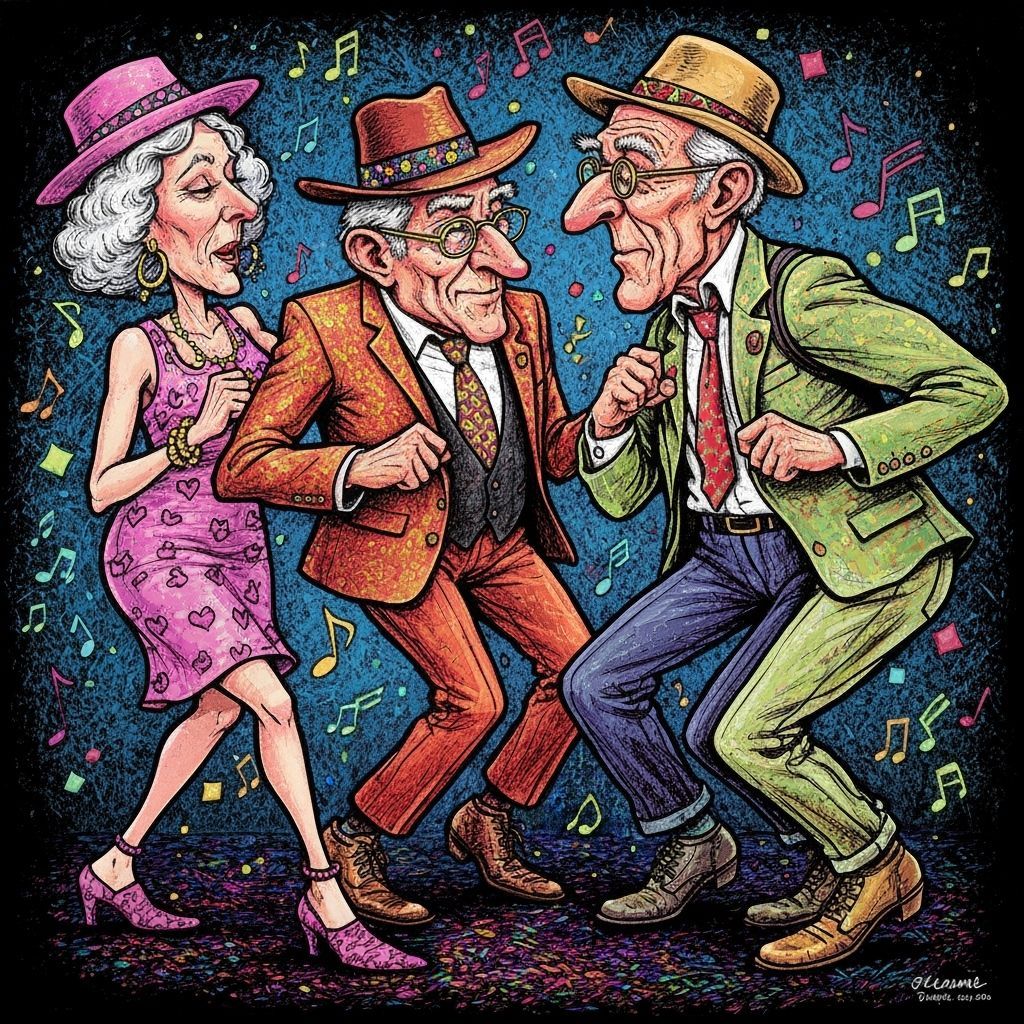 Rock and Roll Dancing Elderly Couples Caricature