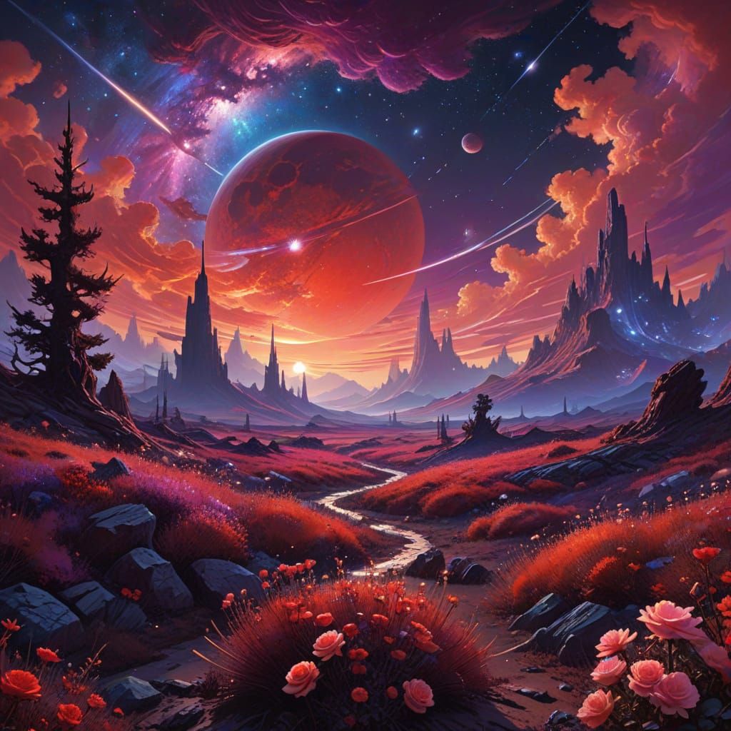 Galactic Fantasy Landscape in Vibrant, Dreamlike Colors