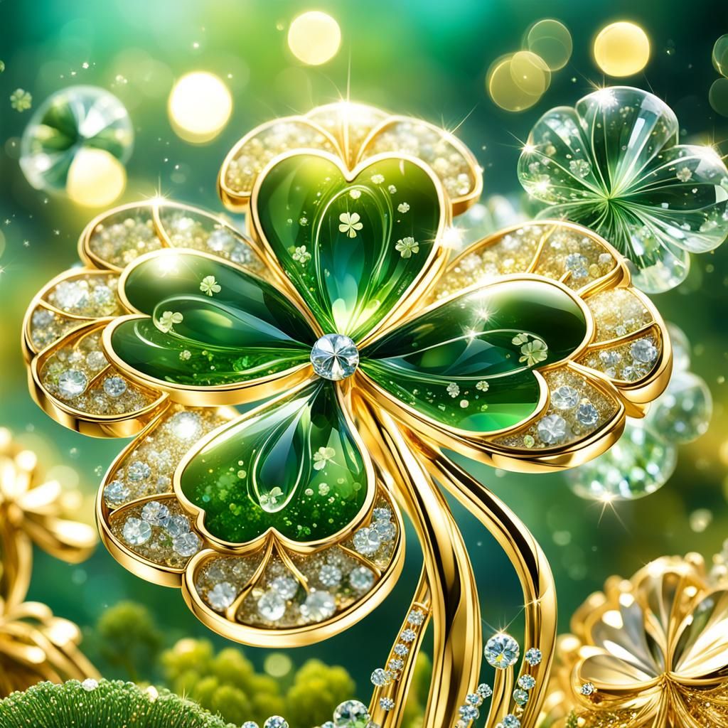 Crystal Four-Leaf Clover in Golden Forest, Macro Photography