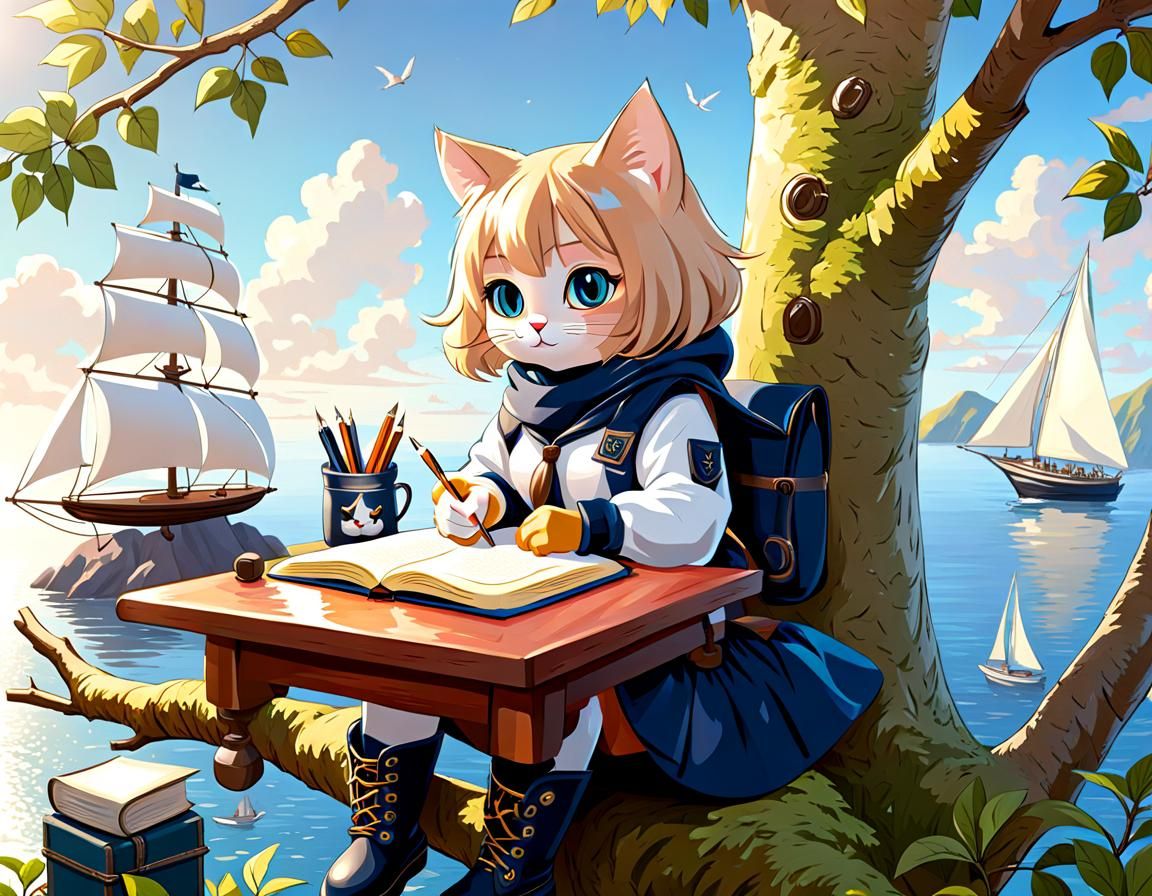 Anthropomorphic Cat Journaling in Treetop Scene