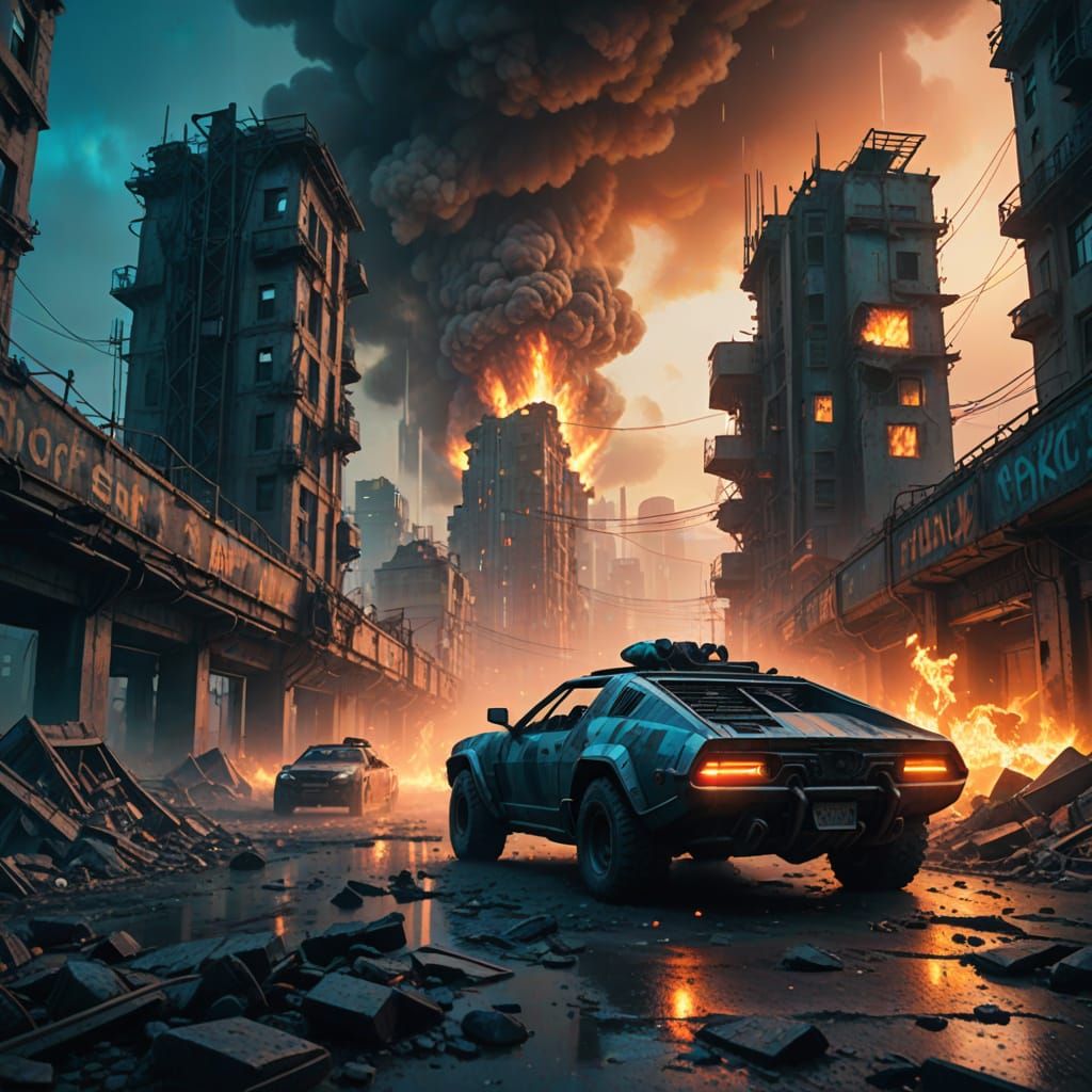 Cyberpunk Armoured Car Speeds Through Apocalyptic Cityscape