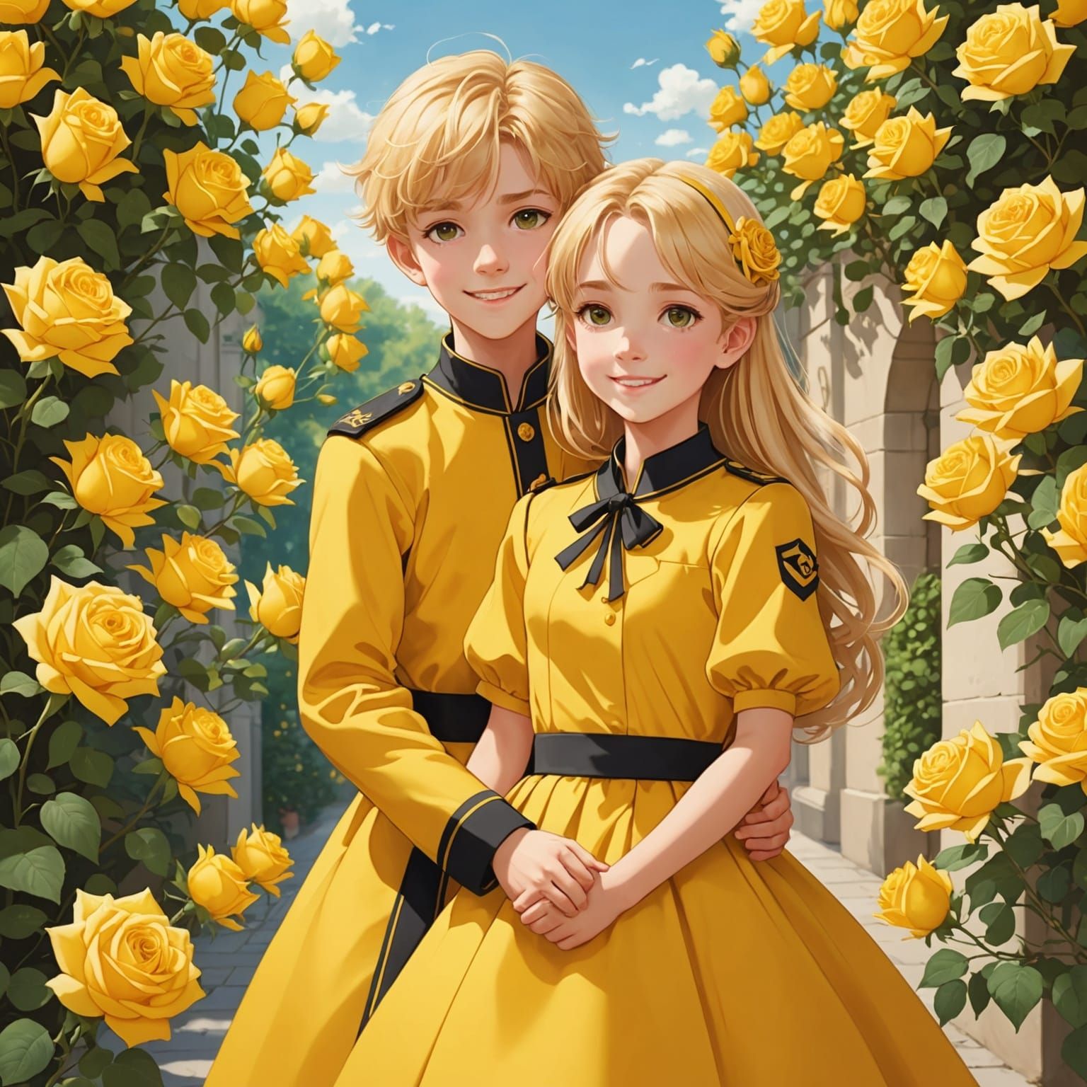 Cheerful Siblings Amongst Yellow Roses in Anime Style