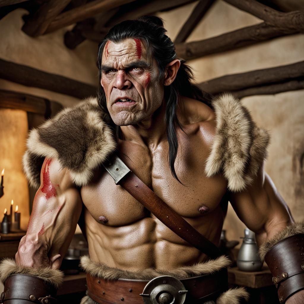 Barbarian Half-Orc Defends Woman in Inn Portrait