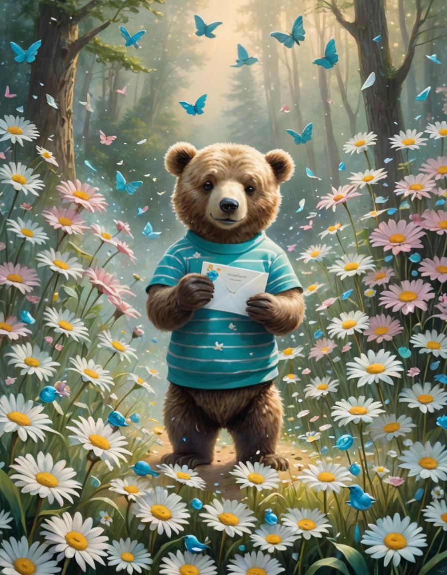 Ethereal Fantasy Bear with Daisies in Pastel Colors