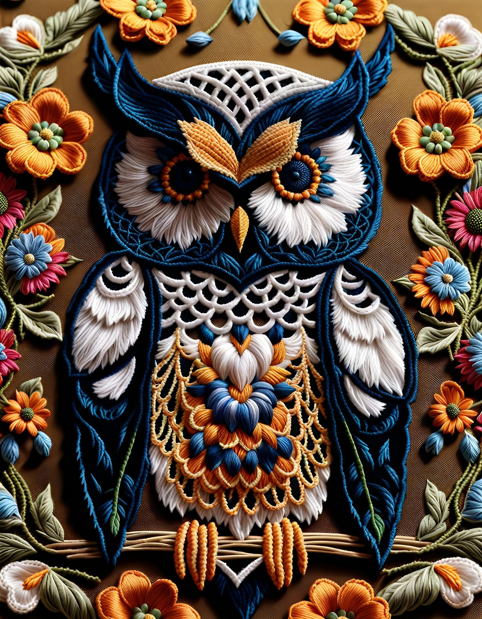 Flowery Owl Embroidery Macro Photography