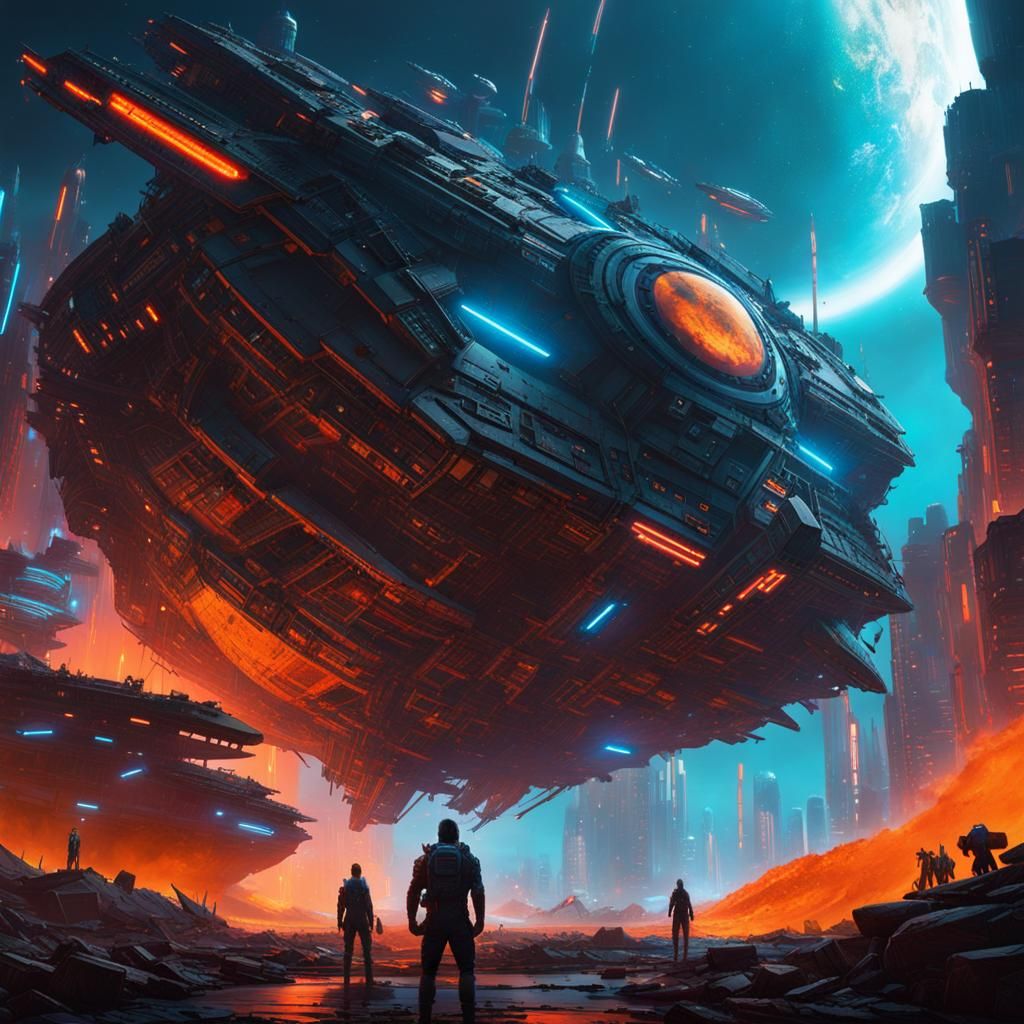 Warship Creates Space Gates in Cyberpunk Galaxy