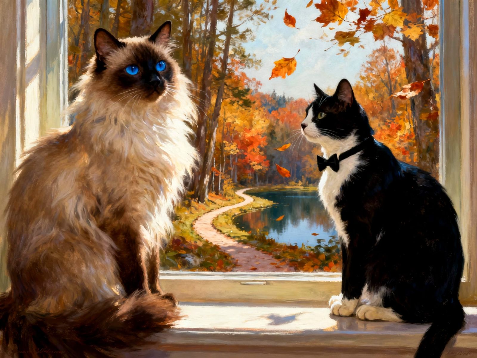 Cats in Autumn Window: Siamese and Tuxedo in Fall Forest