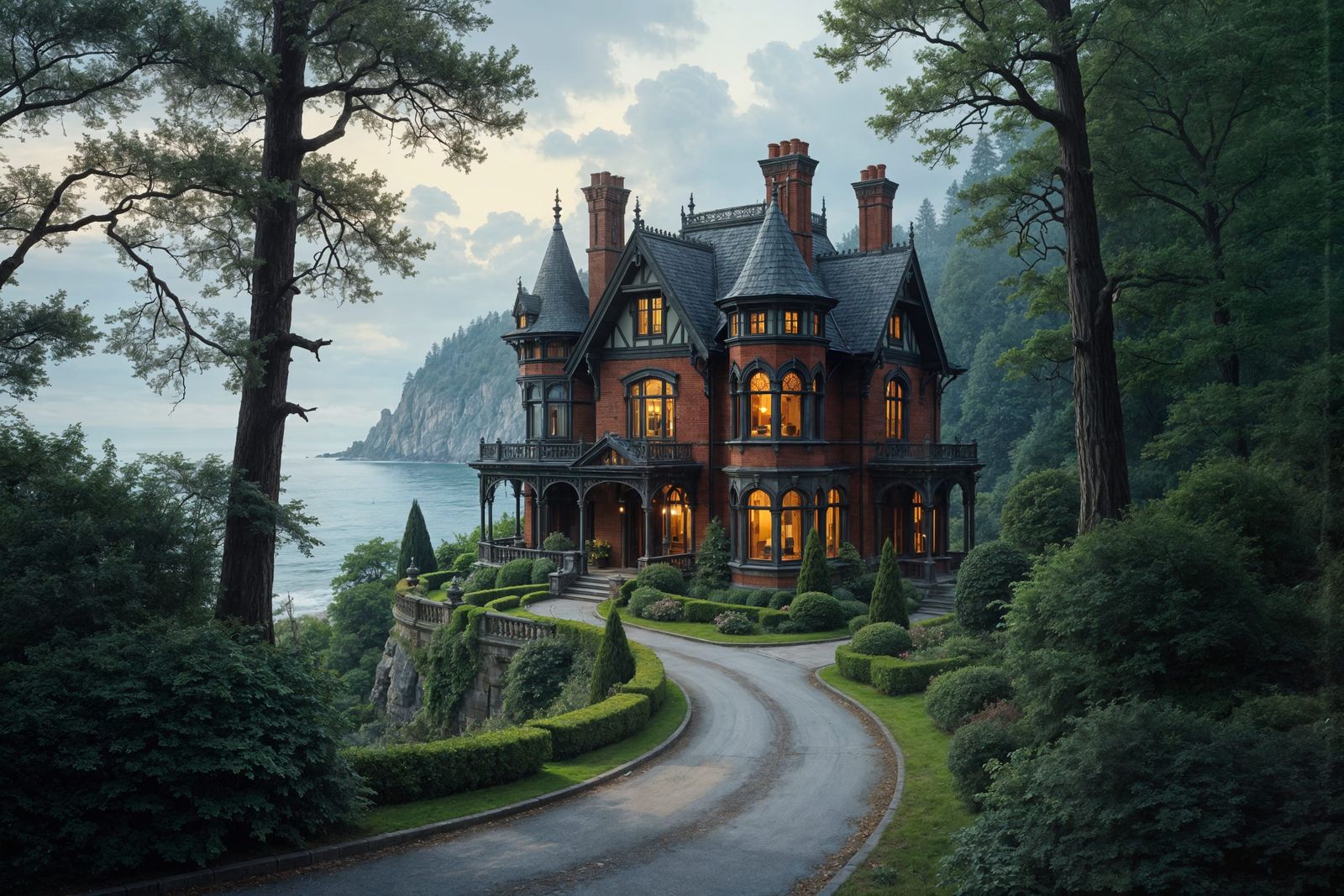 Gothic Victorian House on Seaside Cliff with Gardens